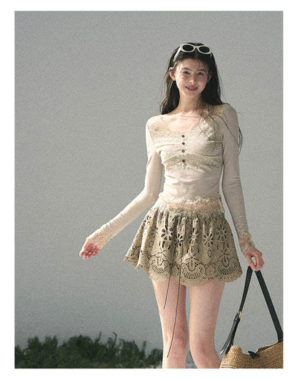 “Traces Left by the Wind” Ash Ivory Lace V-Neck Top