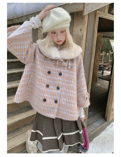 RF - Orange Plaid Cropped Cape Coat with Apricot Faux Fur Collar