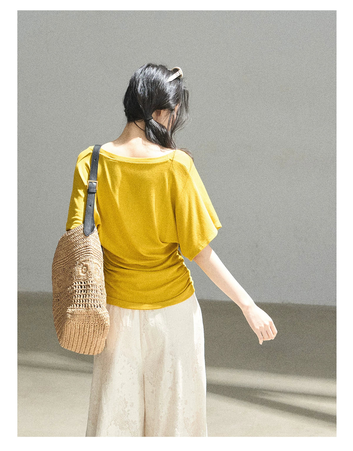 "The First Ray of Sunshine" V-Neck Crop Tee (Ginger Yellow. Creamy Apricot White)