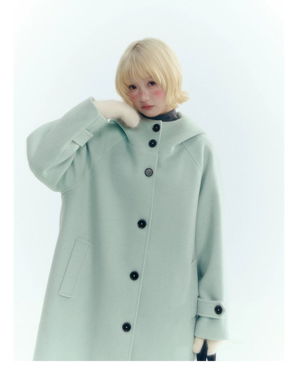 Pale Aqua Green Hooded Cocoon Wool-Blend Coat