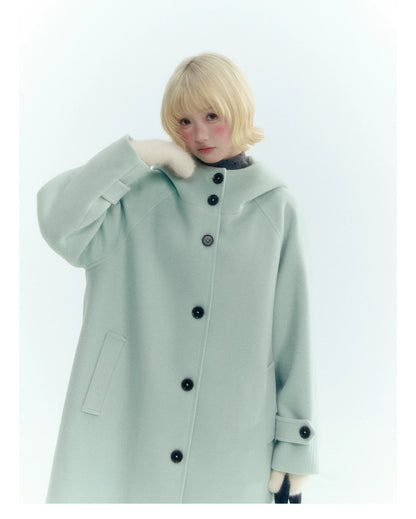 Pale Aqua Green Hooded Cocoon Wool-Blend Coat