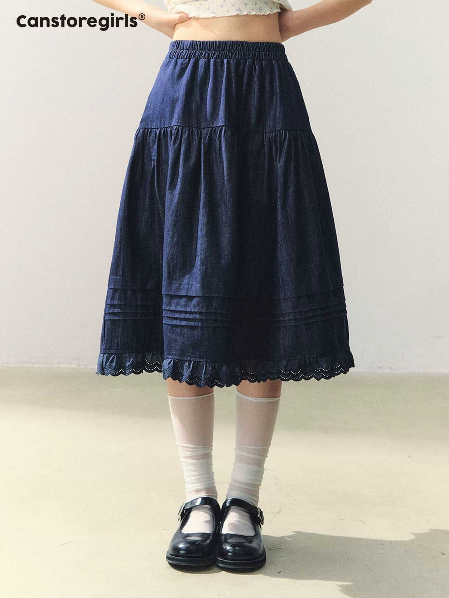 "Old Alley Blues" Lace Trim A-line Midi Skirt WW2026043