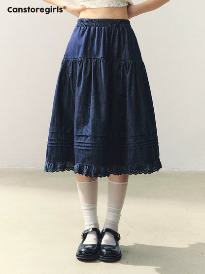 "Old Alley Blues" Lace Trim A-line Midi Skirt WW2026043
