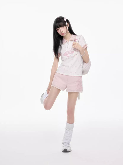 KYOUKO - Cherry Pink Lace-Trim Shorts