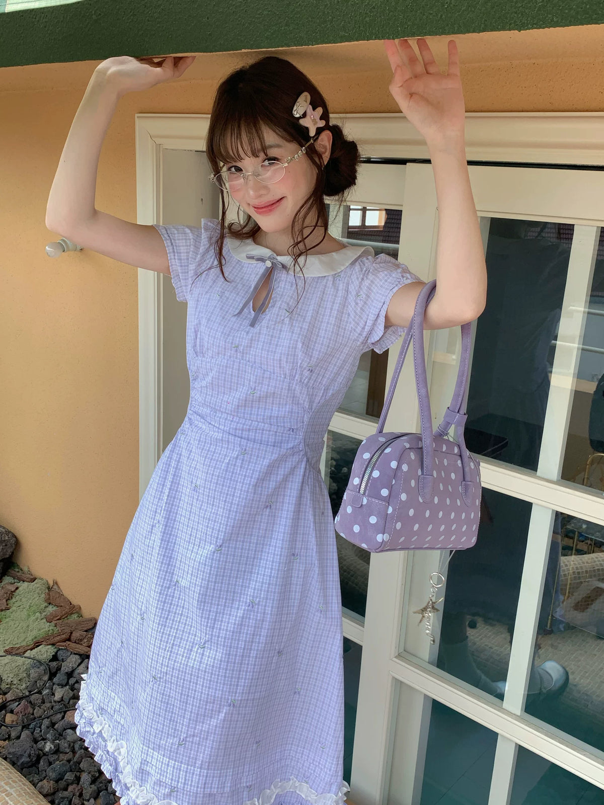 [RF] “Taro Milk Pudding” Purple Plaid Ruffle Midi Dress