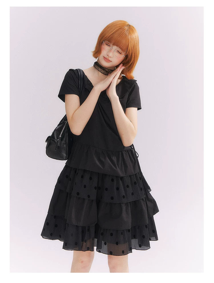 “Midnight Sweetheart” Black Korean-Style Bow Polka Dot Tiered Dress
