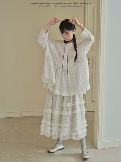 "Soft Check Layers" Plaid Mesh Midi Skirt (White Plaid / Black Plaid)