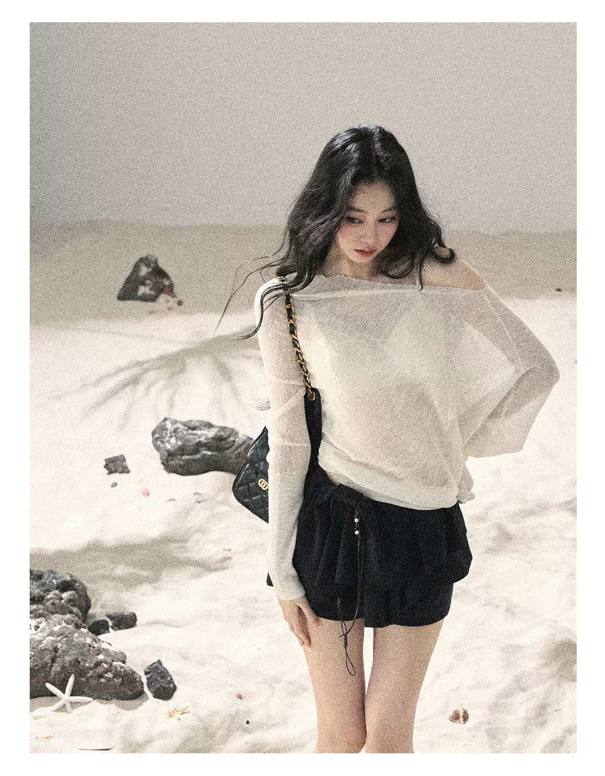 "Misty Veil Whisper" Holland Cheese Off-Shoulder Sheer Sun Protection Top 5345634
