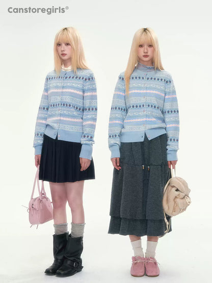 [CAN] Blue Fair Isle Cropped Wool Cardigan (100% Sheep Wool)