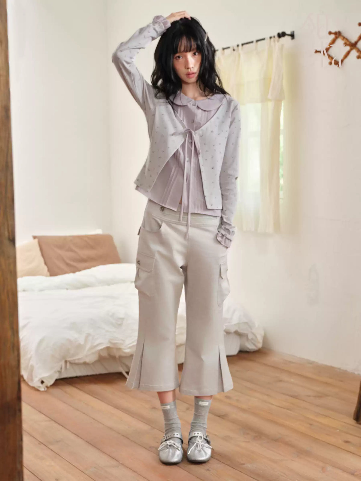 DAILY ARTIST - Purple Floral Faux-Layered Doll-Collar Knit Cardigan