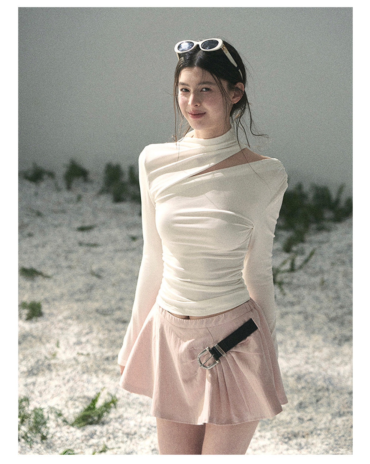 “Tidal Breath” Pearl White Draped Cutout Top