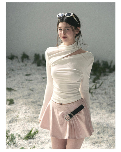 “Tidal Breath” Pearl White Draped Cutout Top