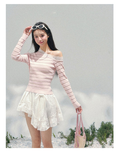 少也眼 “A Gentle Glance” One-Shoulder Lace Knit Long-Sleeve Top - Soft Pink 43552