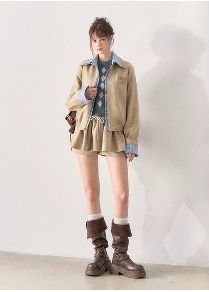 [TMMG] Light Khaki Suede Faux Two-Piece Jacket & Skirt Set