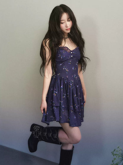 1P - Deep Purple Floral Chiffon Tiered Mini Dress