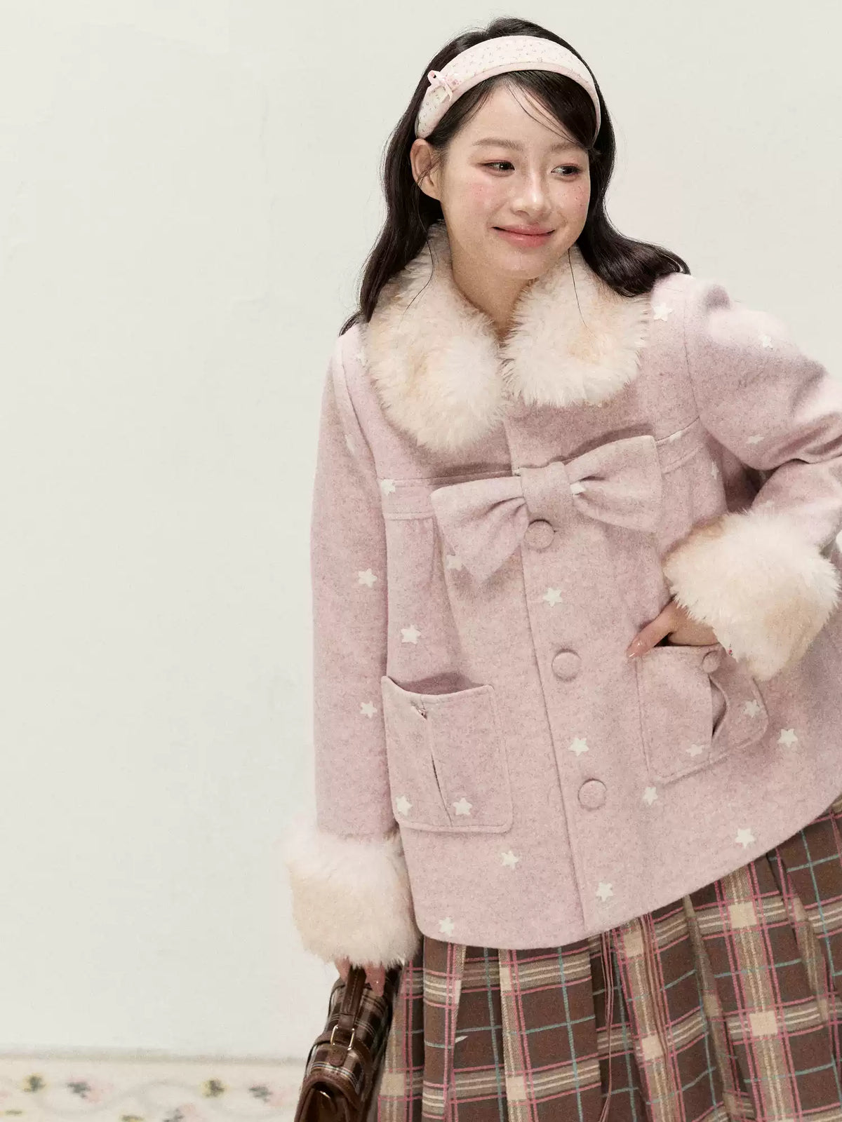 RF - Peach Pink Ombre Faux Fur Collar Wool-Look Jacket with Star Embroidery