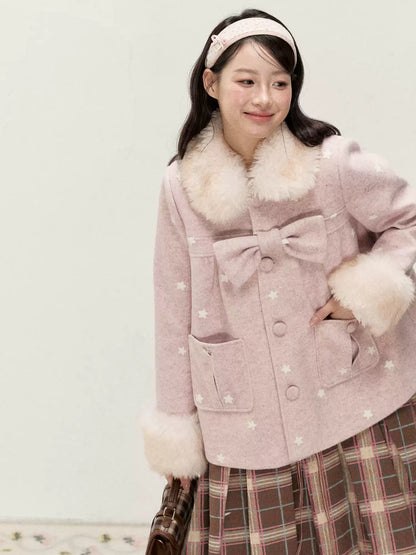 RF - Peach Pink Ombre Faux Fur Collar Wool-Look Jacket with Star Embroidery