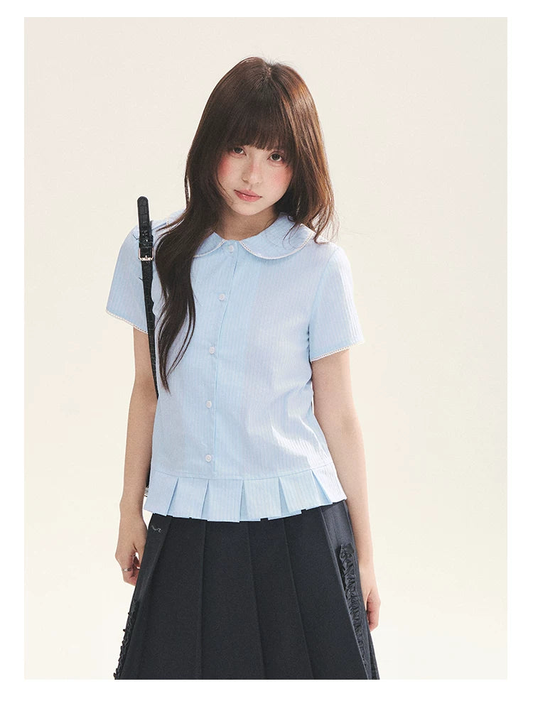"Citrus Sea Salt" Stripe Lace Peter Pan Collar Pleated Shirt (White Blue / Blue White)