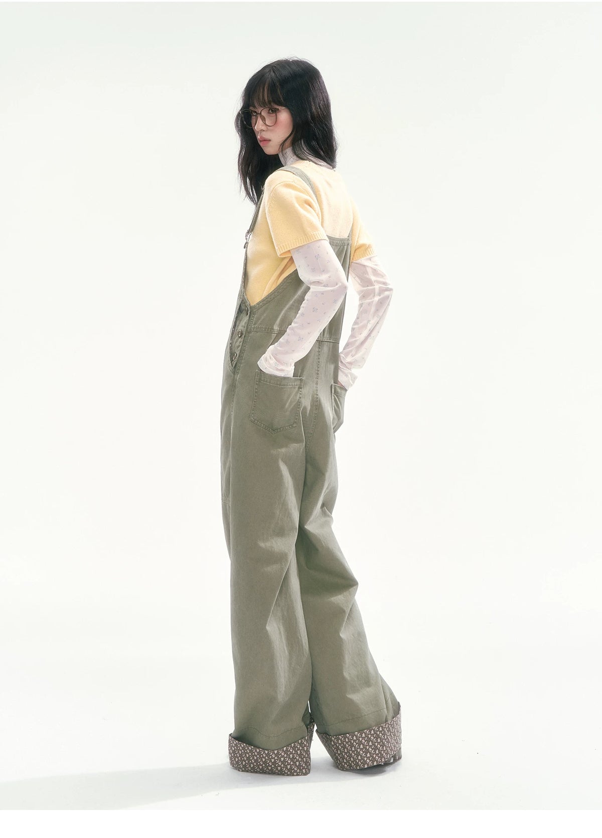 [CAN] Olive Green Floral-Trim Cargo Overalls