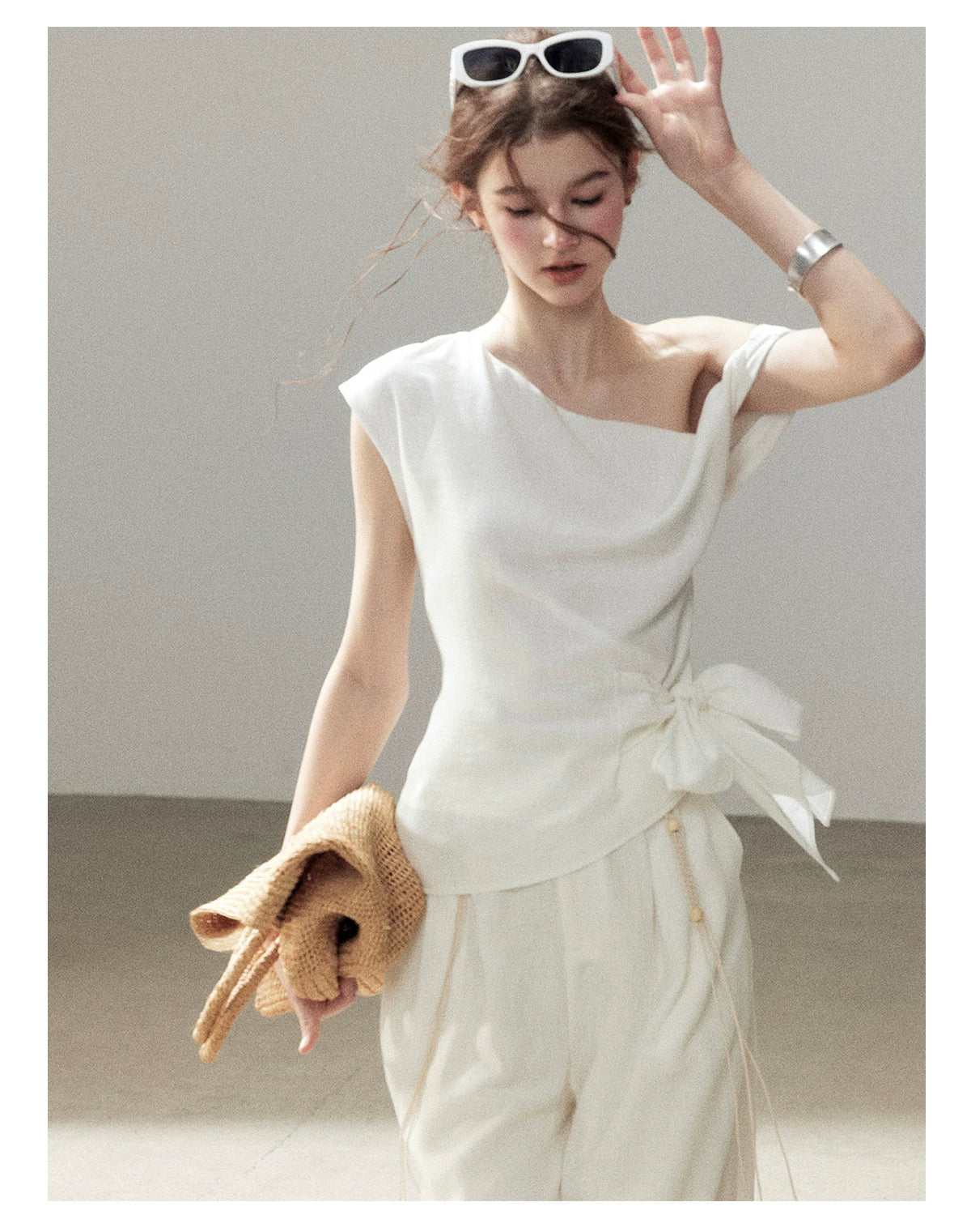 "Her Moonlight" Camellia White Off-Shoulder Top & Wide-Leg Pants Set