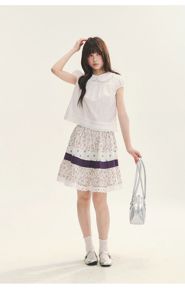 "Cotton Cloud" White Ruffle Collar Puff Sleeve Babydoll Top