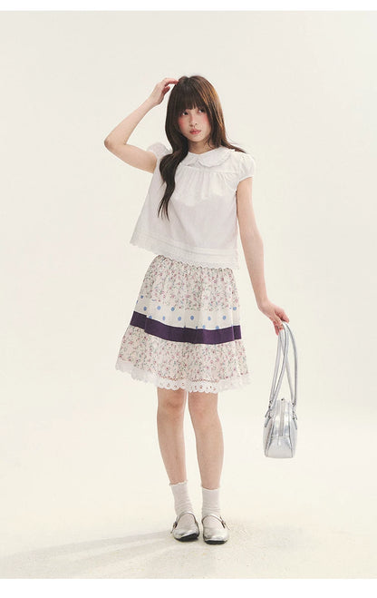 "Cotton Cloud" White Ruffle Collar Puff Sleeve Babydoll Top