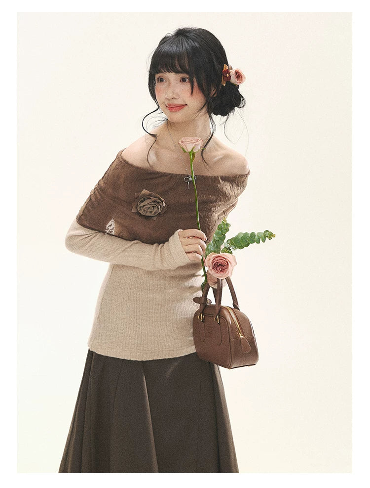 "Vintage Contrast" Brown Apricot Off-Shoulder Floral Knit Top