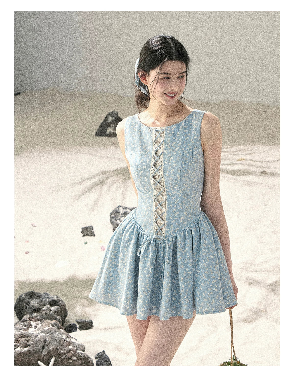 "Sage Summer" Haze Blue Lace Floral Puff Mini Dress