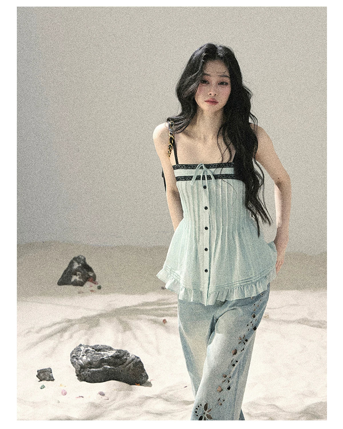 "Sea Breeze Reverie" Misty Sage Lace Off-Shoulder Ruched Top 54352131