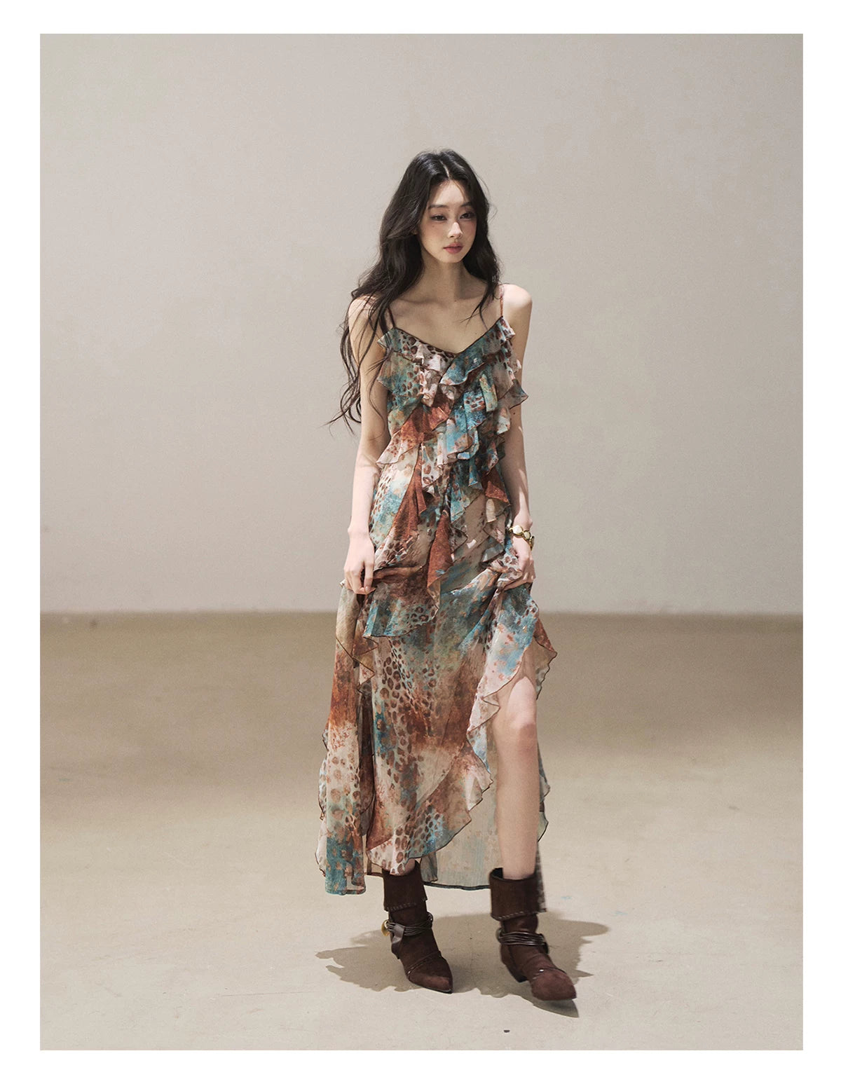 "She Never Looks Back" Peacock Blue Leopard Chiffon Maxi Dress