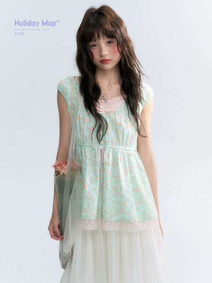 "Mint Blossom" Mint Green Floral Layered Floral Babydoll Top