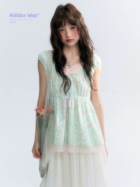 "Mint Blossom" Mint Green Floral Layered Floral Babydoll Top