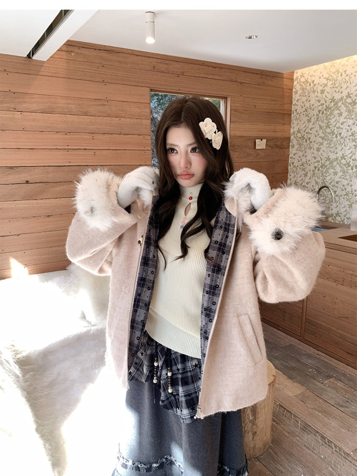 阮阮自制 - Soft Fog Apricot Pink Witch Hooded Wool Coat