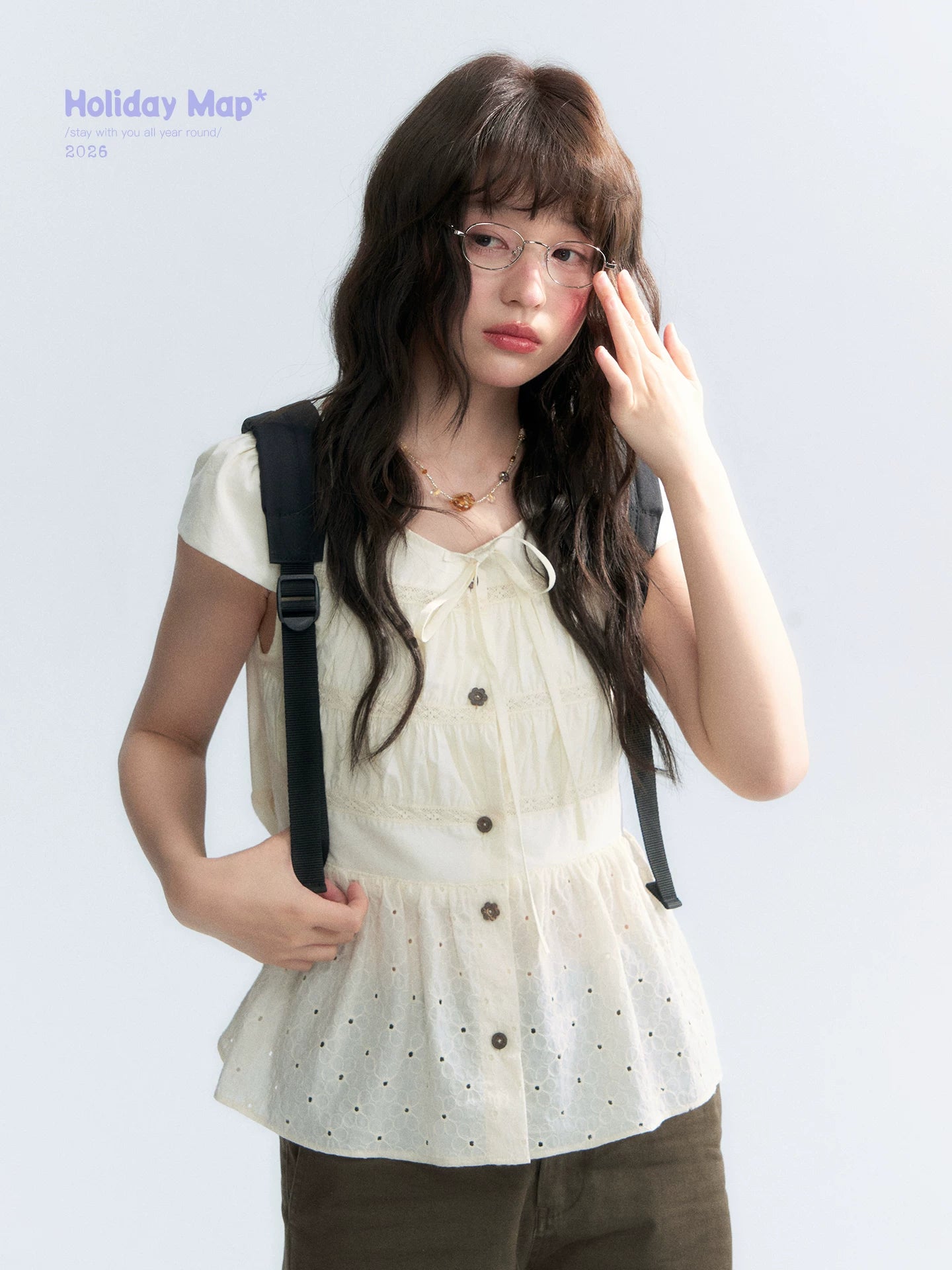 "Vintage Ribbon" Beige Bow Tie Lace Trim Blouse