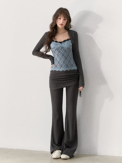 [TMMG] Lace-Trimmed Layered Knit Top & Flared Pants Set