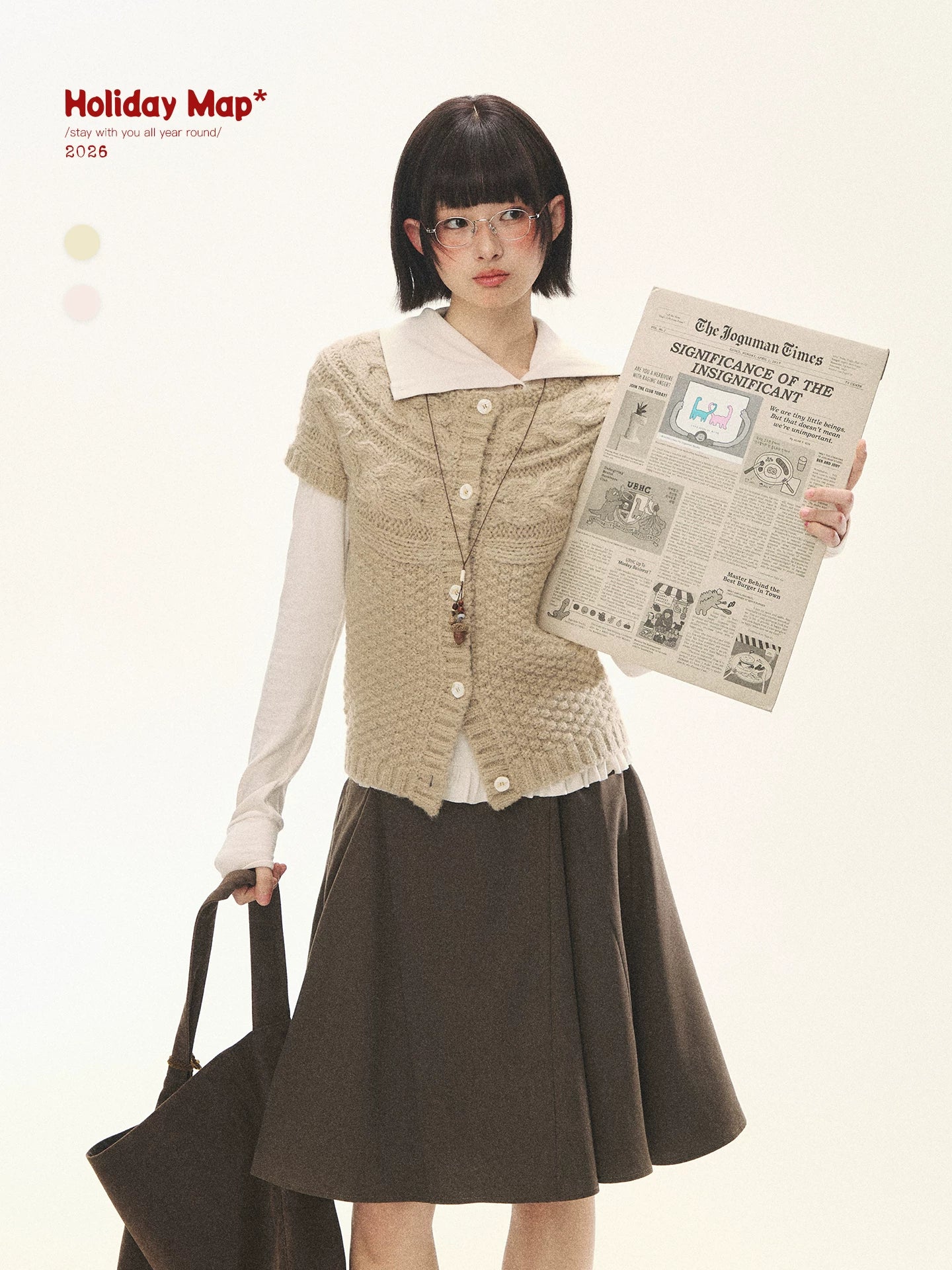 "Rice Knit" Wool-Blend Short Sleeve Knit Cardigan (Moss Coffee Green/ Dusk Dusty Pink)