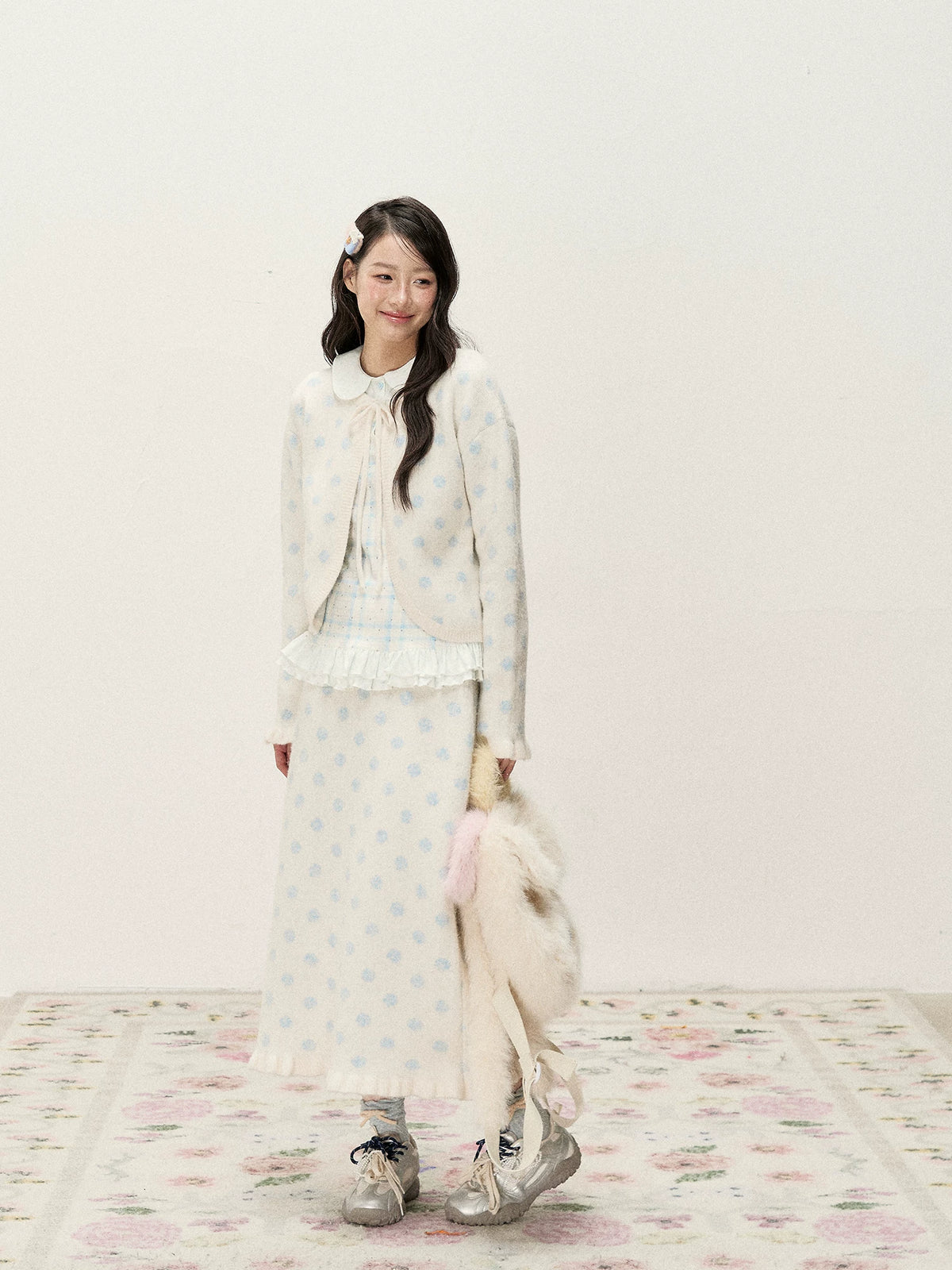 [RF] Ice Blue Polka Dot Knit Cardigan & Midi Skirt Set