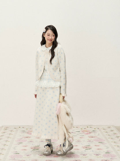 [RF] Ice Blue Polka Dot Knit Cardigan & Midi Skirt Set