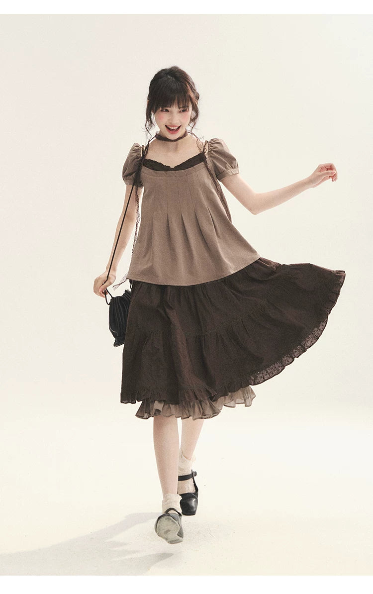 "Faded Bloom" Deep Brown Red Lace Trim Tiered A-Line Skirt