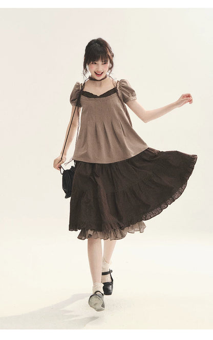 "Faded Bloom" Deep Brown Red Lace Trim Tiered A-Line Skirt