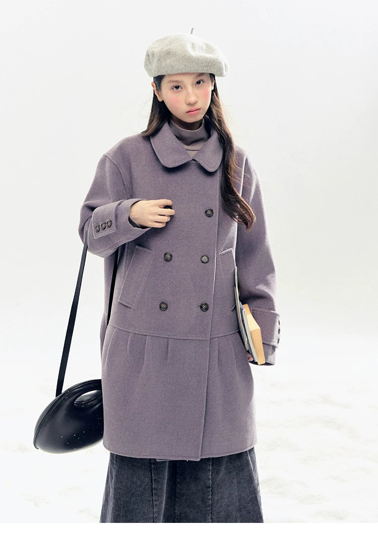 "Winter Chime" Double-Breasted Quilted Wool-Blend Coat (Smoky Purple/ Ash Gray)