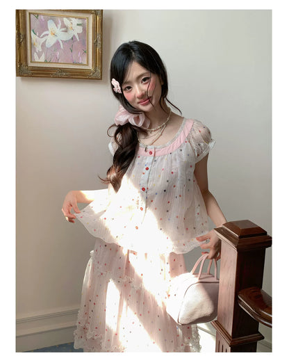“Strawberry Boba Daydream” Pink Polka Dot Bubble Skirt Set