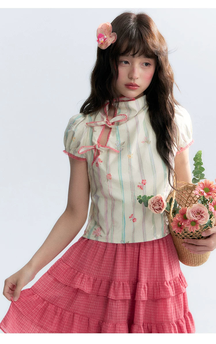 "Peach Blossom" Beige Floral Print Mandarin Collar Blouse