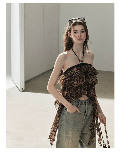 "Chasing the Sunset" Chestnut Brown Leopard Halter Ruffle Crop Top