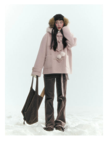 Horridale - Preppy Hooded Wool-Blend Duffle Coat with Pom-Pom Details – Mist Pink