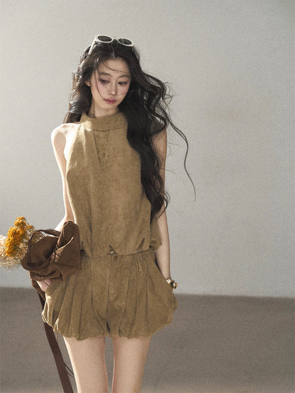 AOMALM - "The Veins of Leaves" Oatmeal French Faux Suede Top & Shorts Set