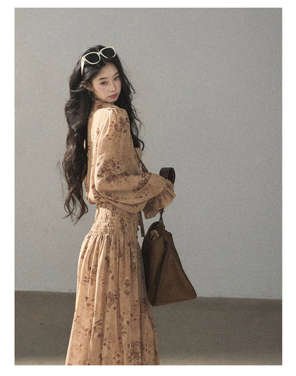 AOMALM - Oatmeal Rose-Print Chiffon Layered Maxi Dress Set