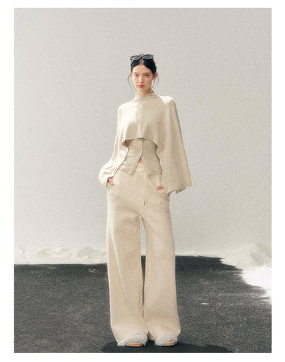 少也眼 "Moss Whisper" Ivory Two-Tone Shawl T-Shirt Two-Piece Set
