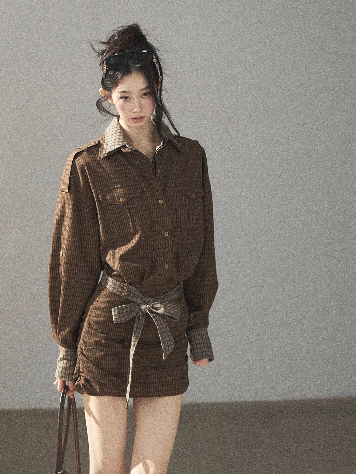 AOMALM - "A Promise Beneath the Oak" Crabapple Brown Plaid Shirt Dress with Belt