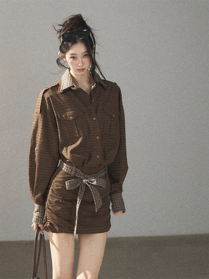 AOMALM - "A Promise Beneath the Oak" Crabapple Brown Plaid Shirt Dress with Belt